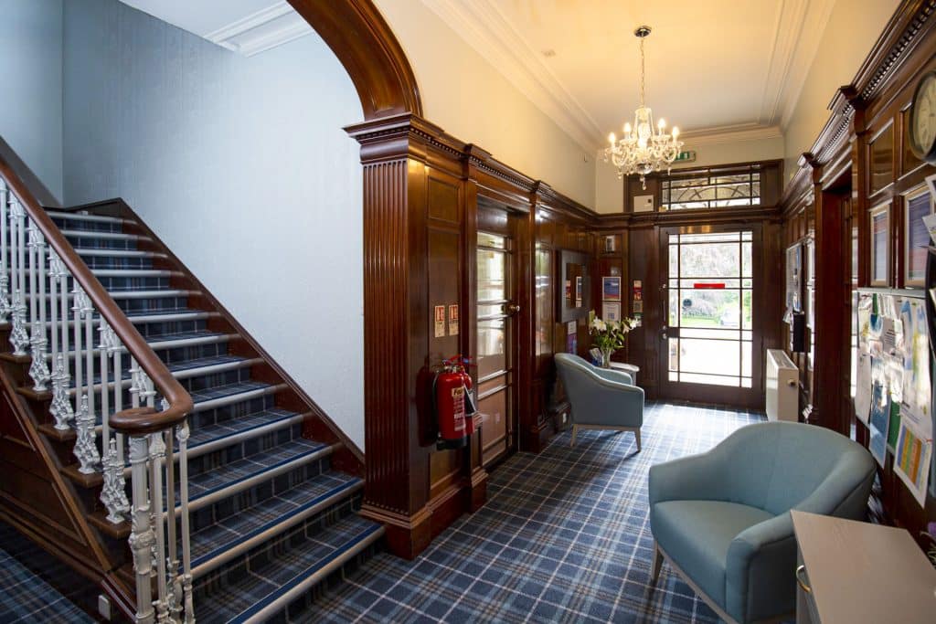 Cranford Care Home Aberdeen, grand entrance hall and stairs.