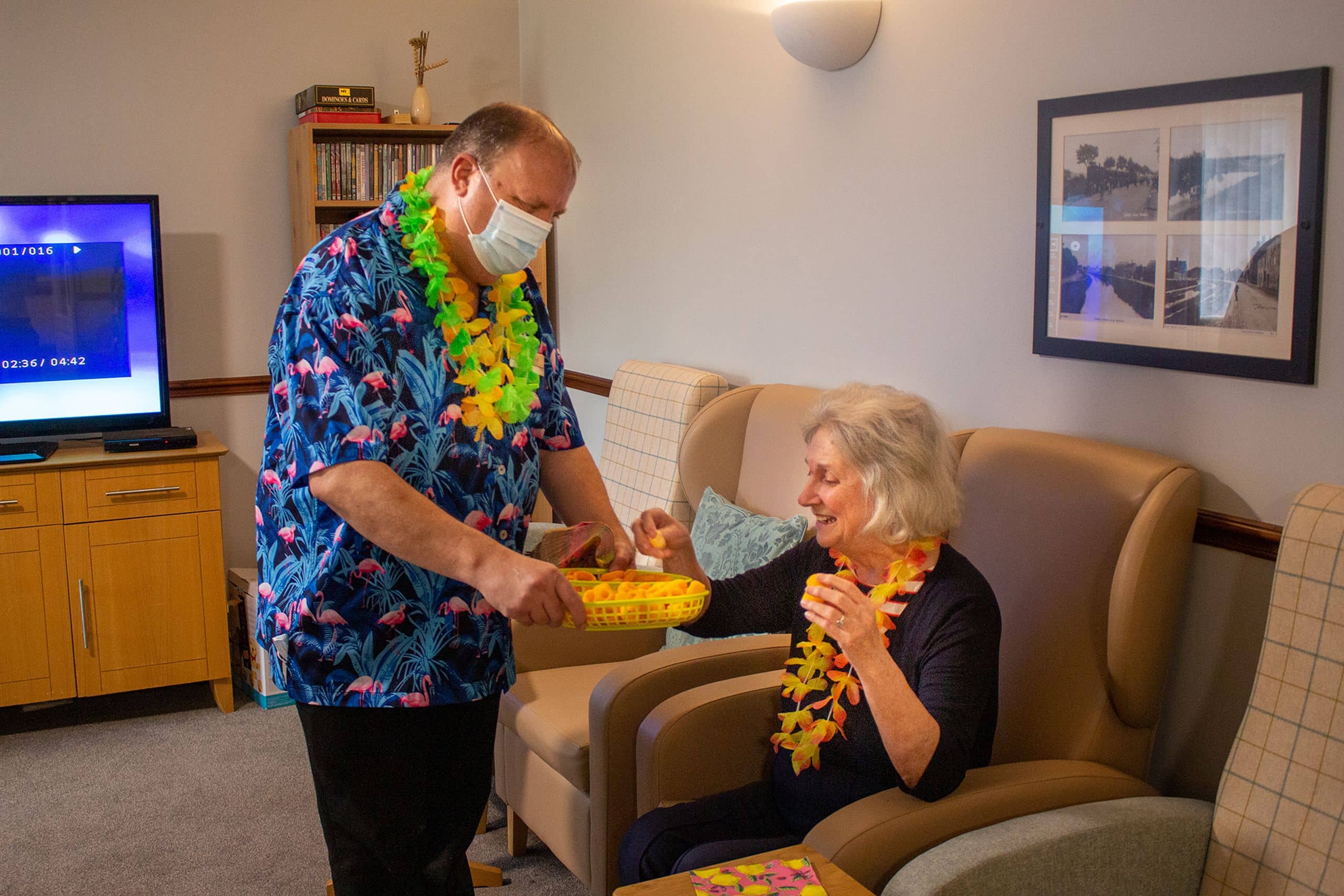 Resident and carer at Dove Court Care Home in Wisbech.