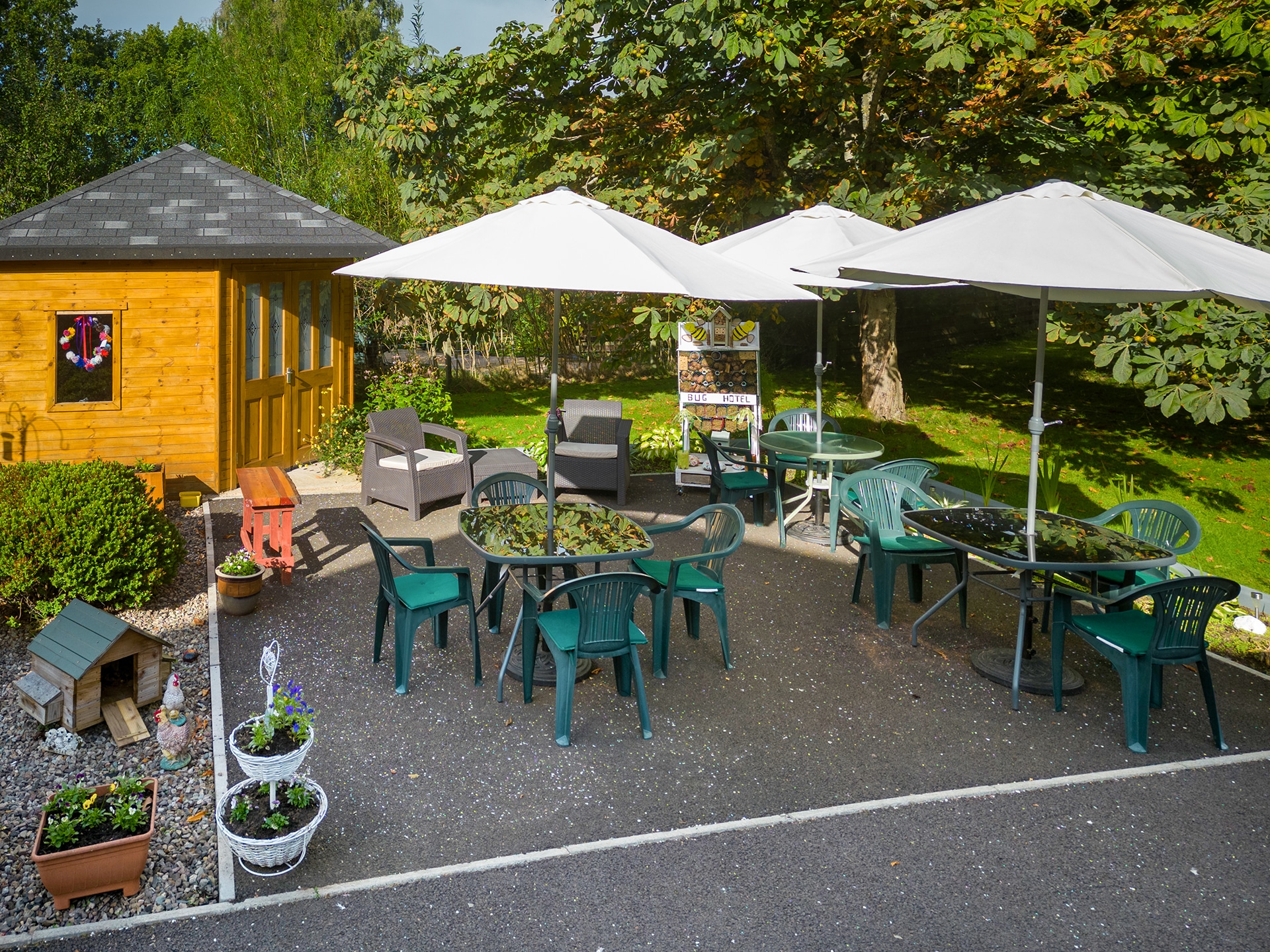 The seating area in the Platinum Jubilee Garden at Muirton House Care Home.