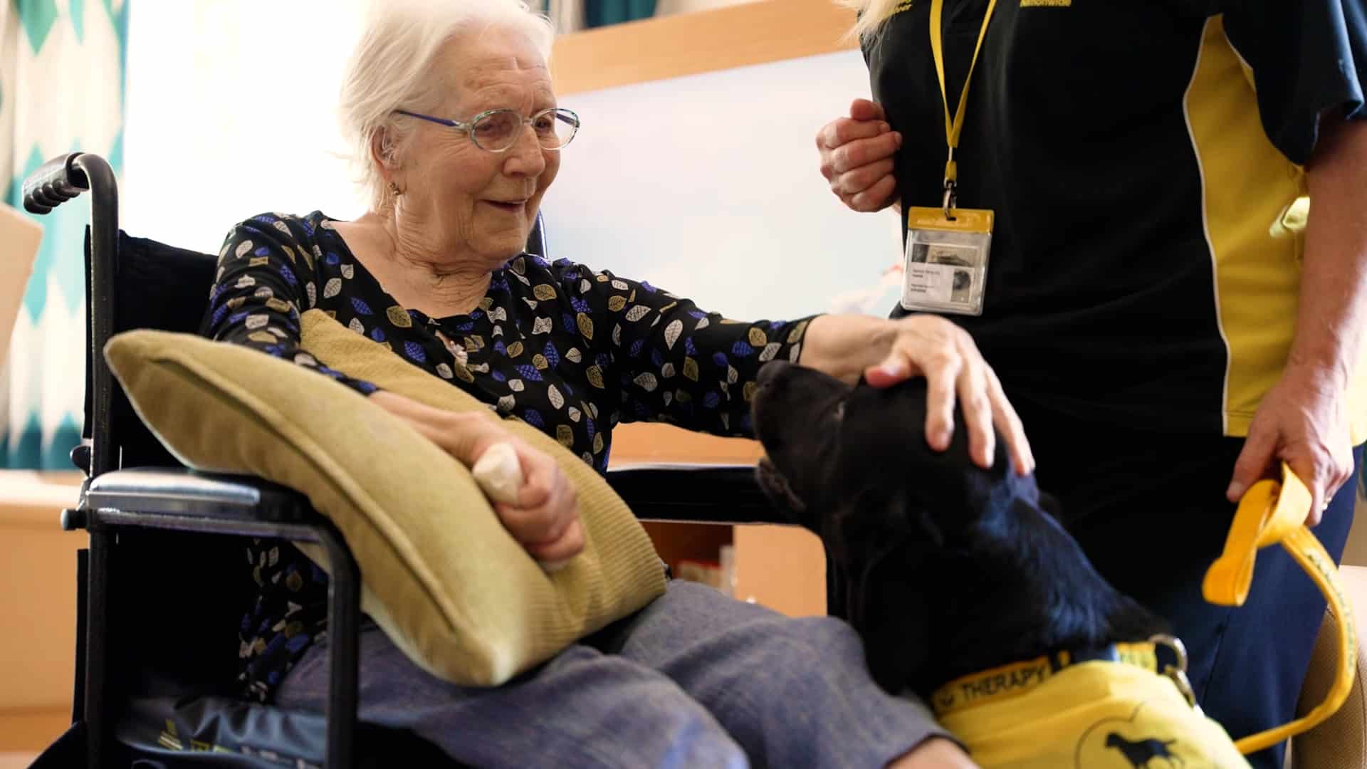 A resident of Lily House Care Home in Ely enjoying some time with the pet therapy do Donatello.