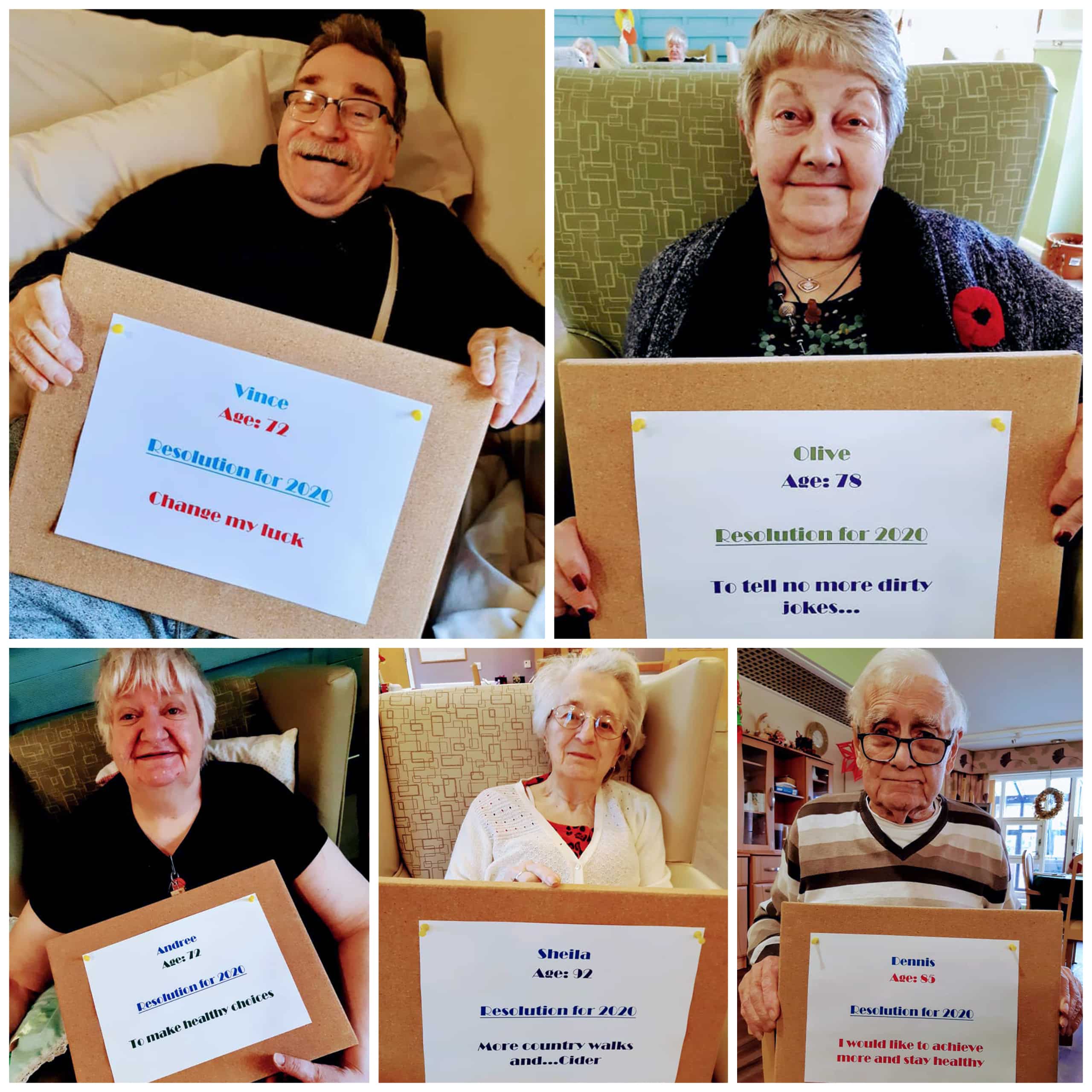 Residents of Oake Meadows Care Home in Taunton with their New Year's resolution posters.