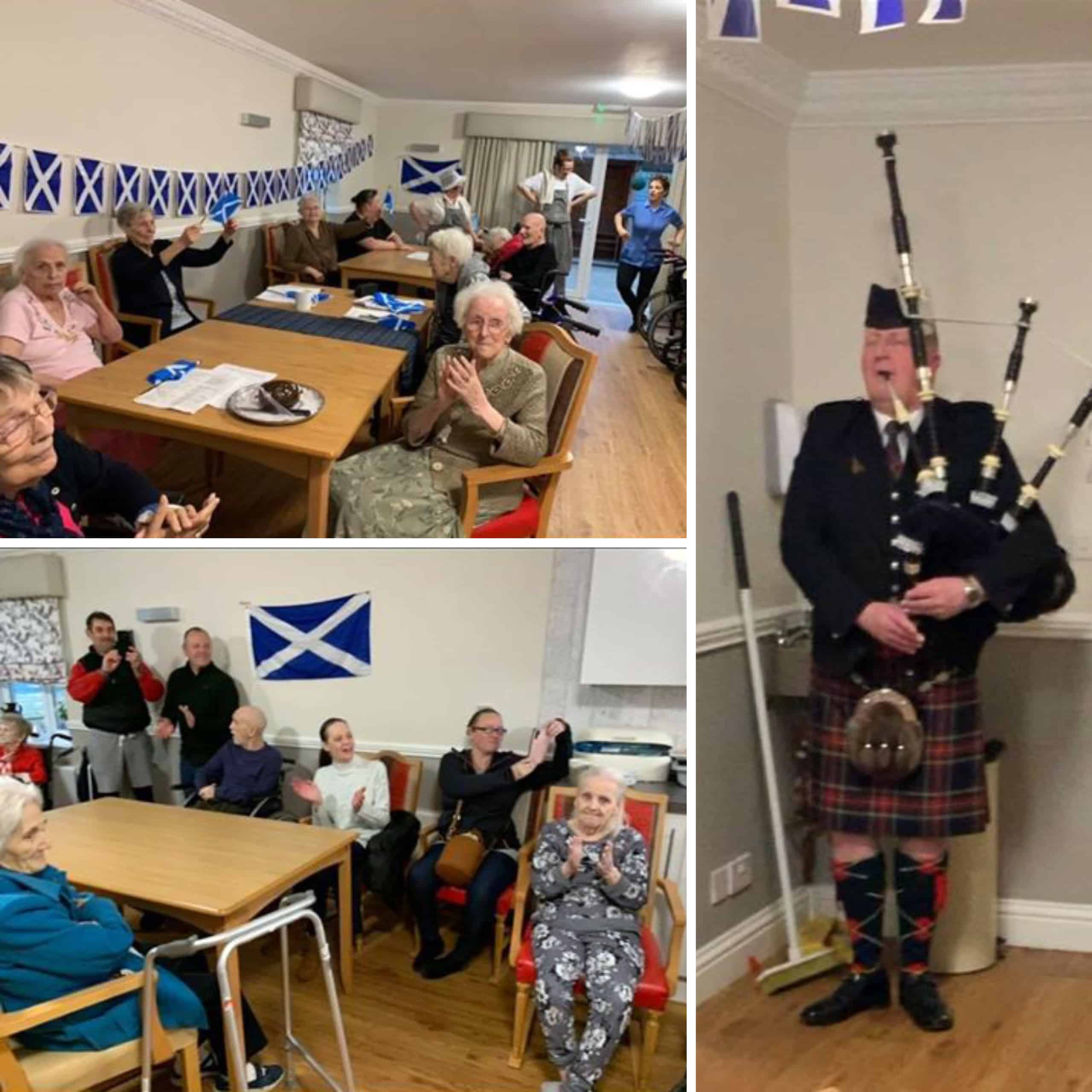 Residents of Willow Brook House in Corby celebrate Burns Night with haggis and a Scottish piper.