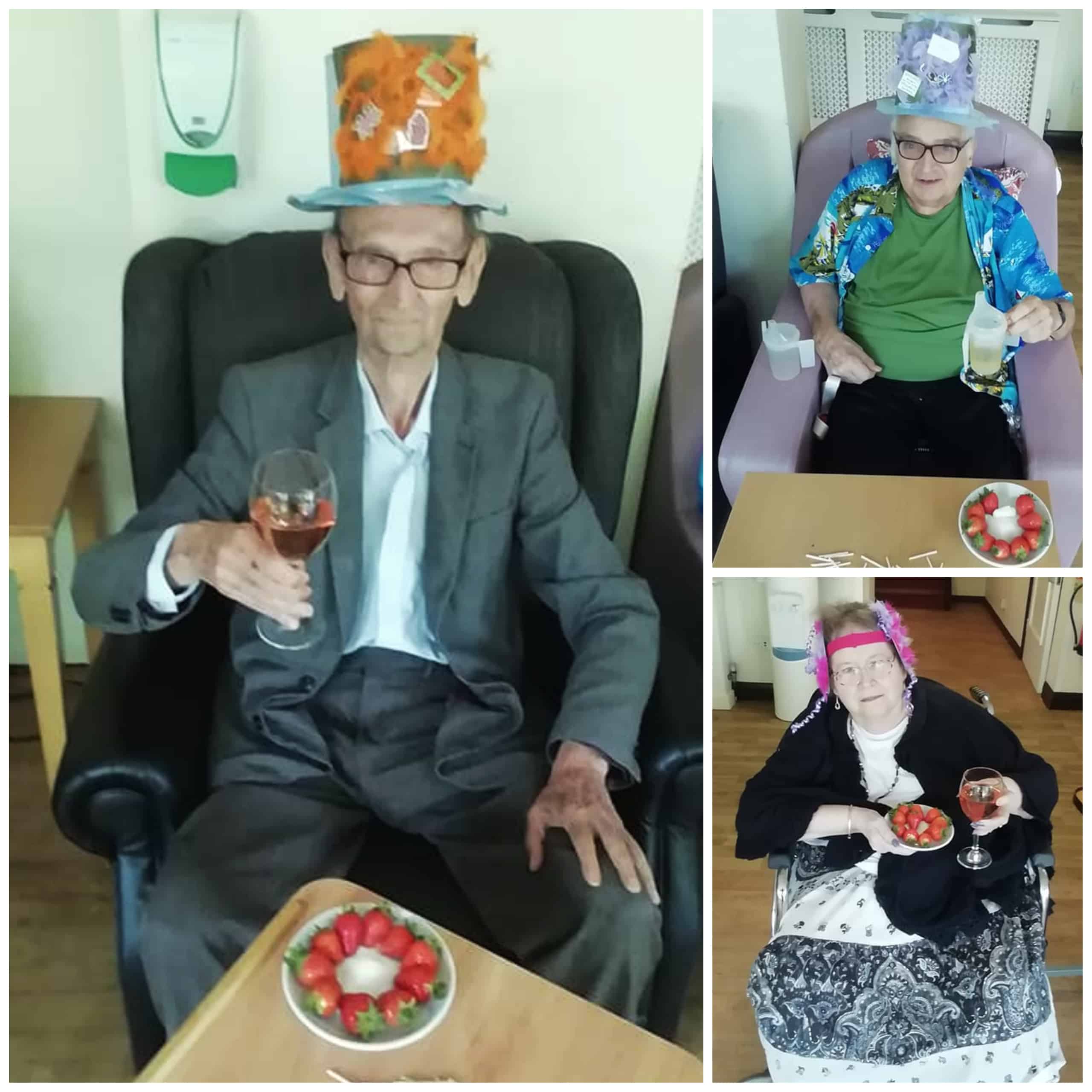 Residents at Highfield Care Home in Bekesbourne, Canterbury, show off their homemade hats and fascinators for their Royal Ascot celebration.