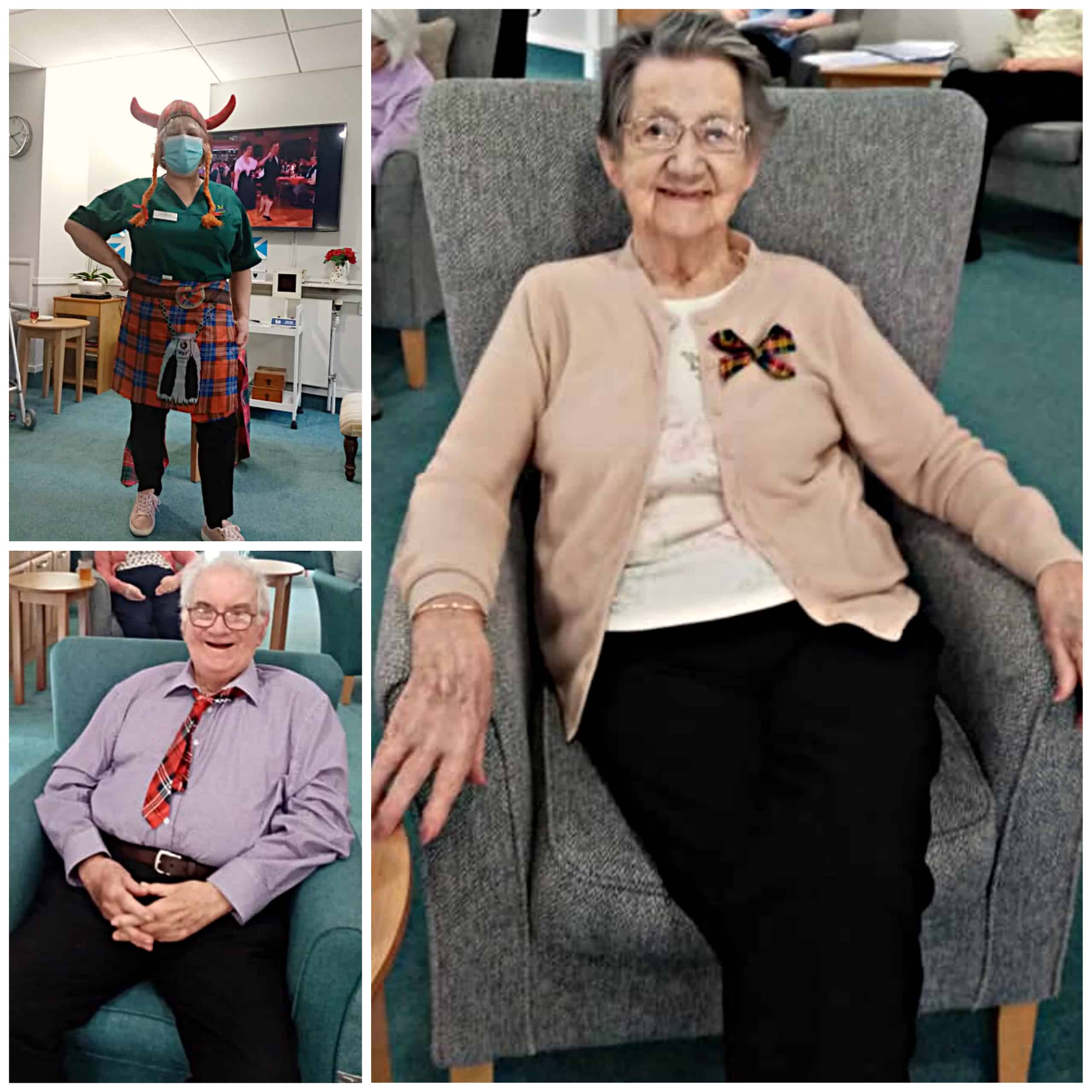 Residents and staff at Eastwood Court Care Home in Glasgow wearing tartan to celebrate Burns Night 2021.