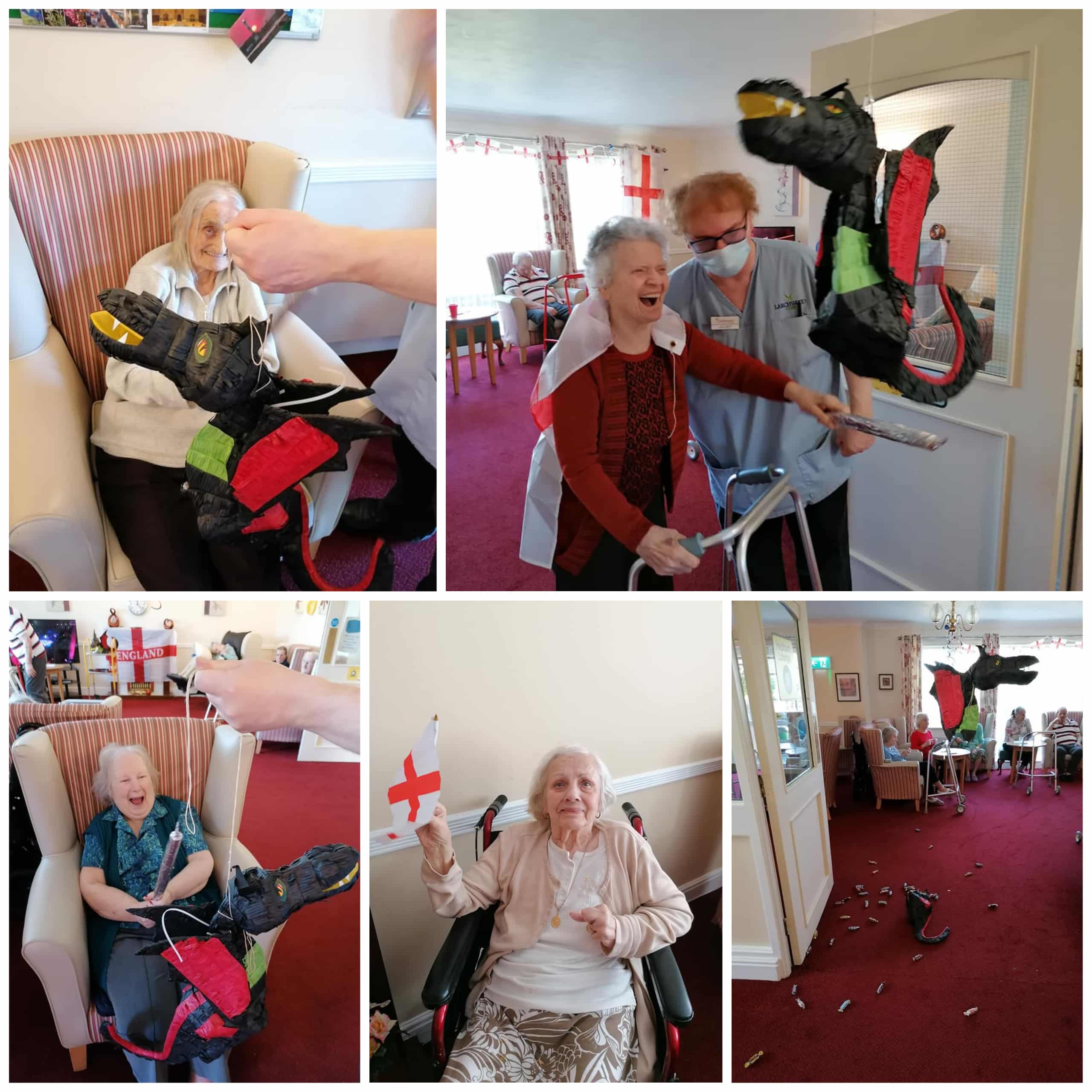 Residents at The Chanters Care Home in Atherton take on a dragon piñata with a tinfoil sword for St George's Day.