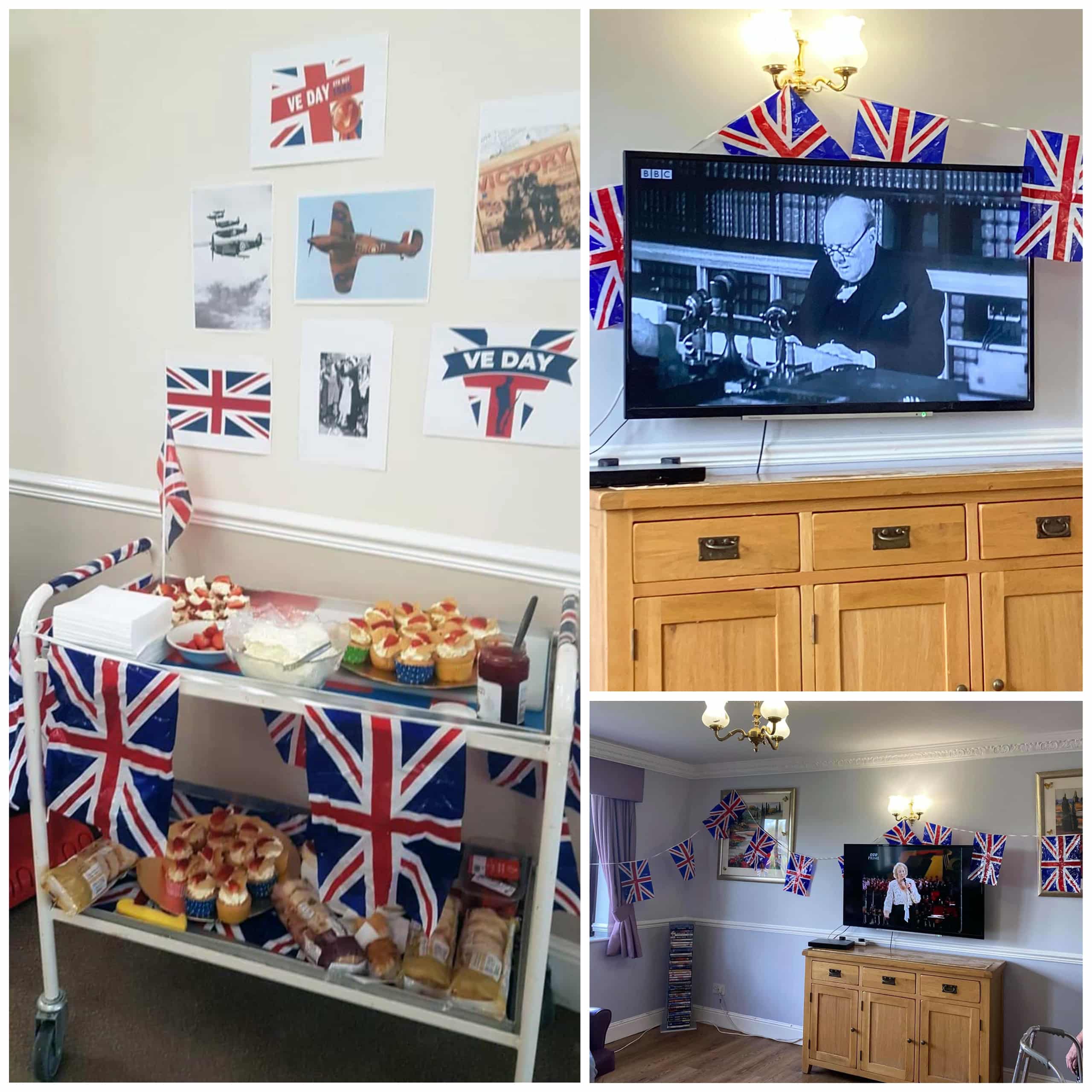 Union Jack decorations and afternoon tea during Briar House Care Home's VE Day celebrations.