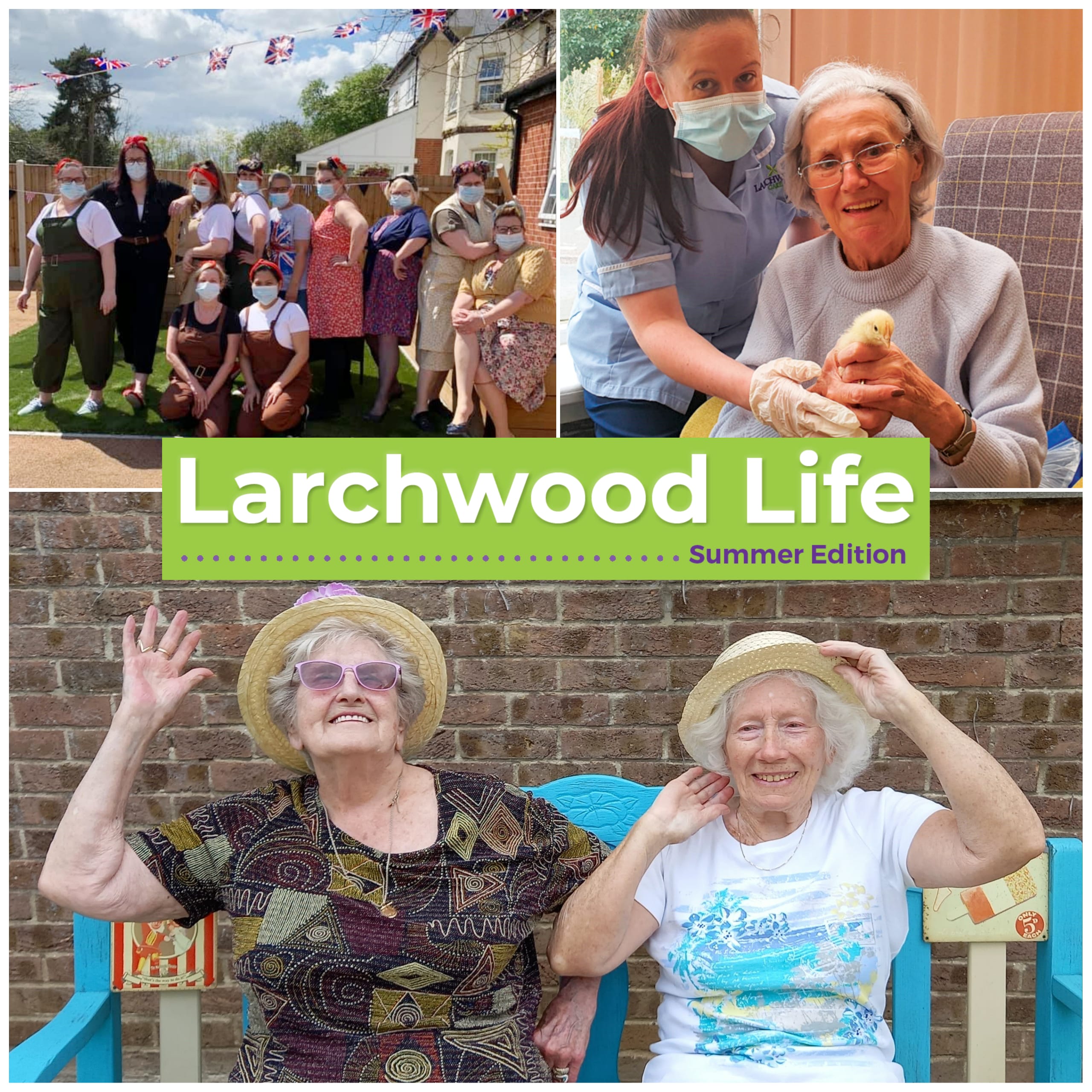 Two residents in the garden wearing summer hats. A resident and carer with a baby chick. Staff and residents dressed in 1940's outfits for VE Day.